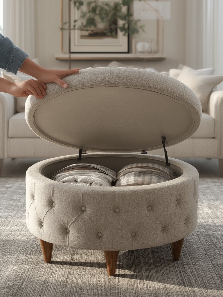 Amazon Basics Round Storage Ottoman Foot Rest Review 2 storage ottoman in action