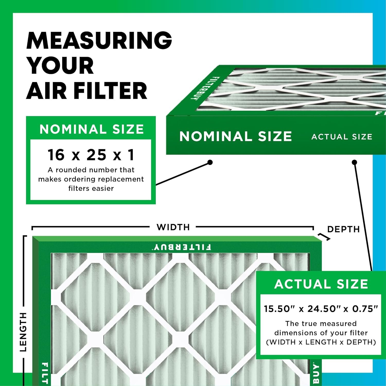 Filterbuy 16x25x1 Air Filter size and measurement reference image from Amazon