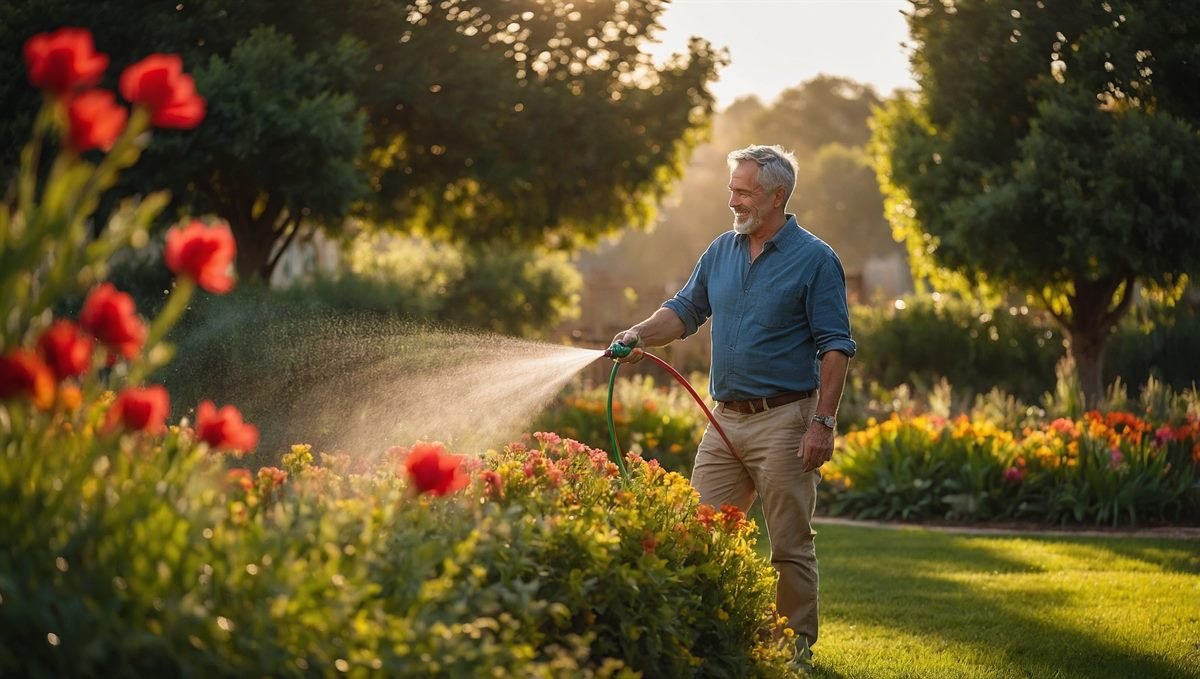 Flexzilla Garden Hose Review: The Last Hose You'll Ever Buy? (2026) 1 homeowner effortlessly watering beautiful garden with Flexzilla flexible no-kink garden hose golden hour