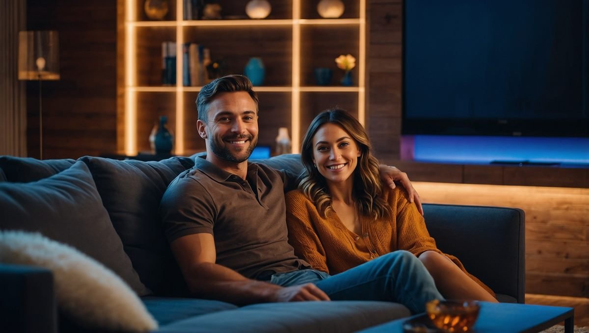 Govee LED Strip Lights Review: Best Smart Lighting Under $30? (2026) 2 couple enjoying smart home ambiance with Govee LED strip lights transforming living room