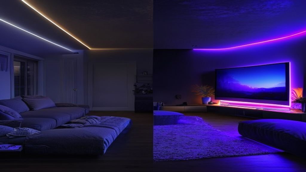 Govee LED Strip Lights Review: Best Smart Lighting Under $30? (2026) 1 living room transformed with colorful Govee LED smart lighting before and after
