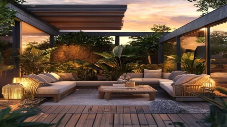 Outdoor Living Room Ideas: 7 Amazing Ways to Create a Cozy Outdoor Oasis (Proven Guide) 19 Outdoor living room scene with a cozy modern patio, warm lighting, and greenery