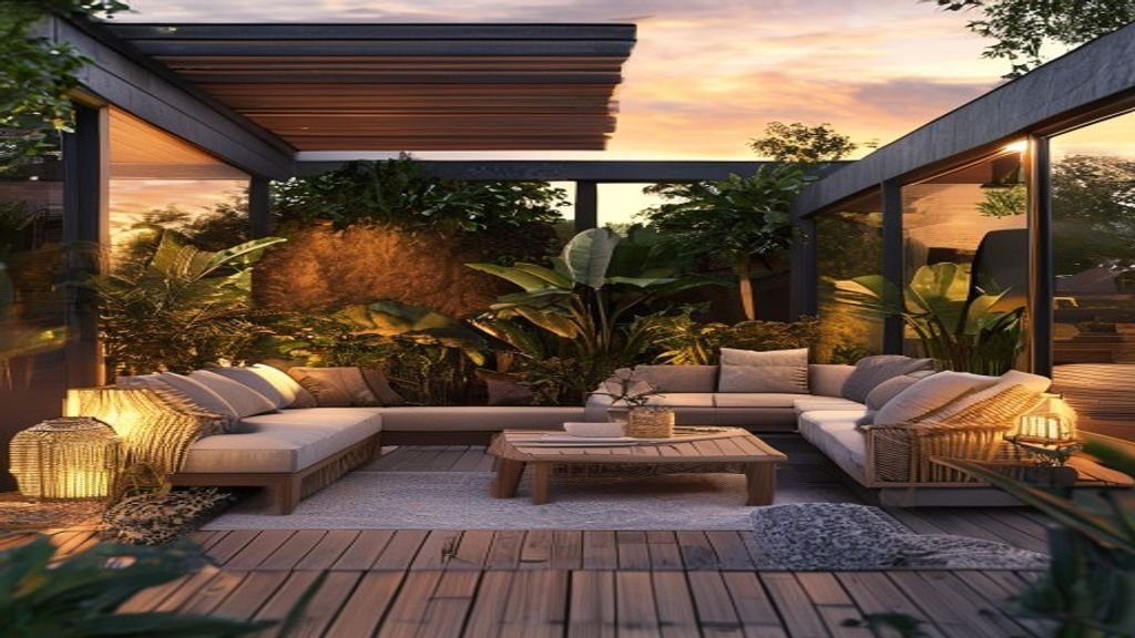 Outdoor Living Room Ideas: 7 Amazing Ways to Create a Cozy Outdoor Oasis (Proven Guide) 1 Outdoor living room scene with a cozy modern patio, warm lighting, and greenery