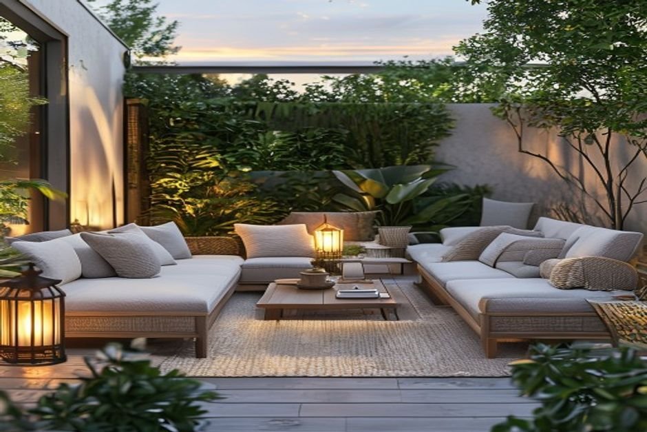 Outdoor Living Room Ideas: 7 Amazing Ways to Create a Cozy Outdoor Oasis (Proven Guide) 2 AI-generated inline image showing a cozy outdoor living room with warm lighting, layered seating, and privacy plants