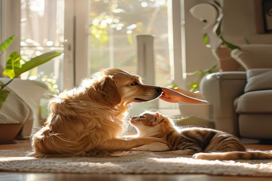 Pet Care: 7 Best Ways to Improve Your Pet's Health (Proven Guide) 2 AI-generated inline image showing practical pet care at home with a healthy dog, a cat, and a calm wellness-focused interior