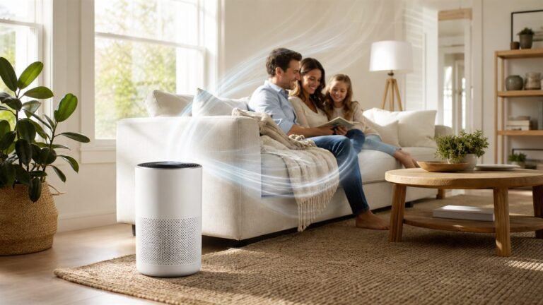Air Purifiers in 2026: Why HEPA Filters Are Becoming a Home Essential 5 Air purifier cleaning air in a bright living room with a family relaxing on the sofa