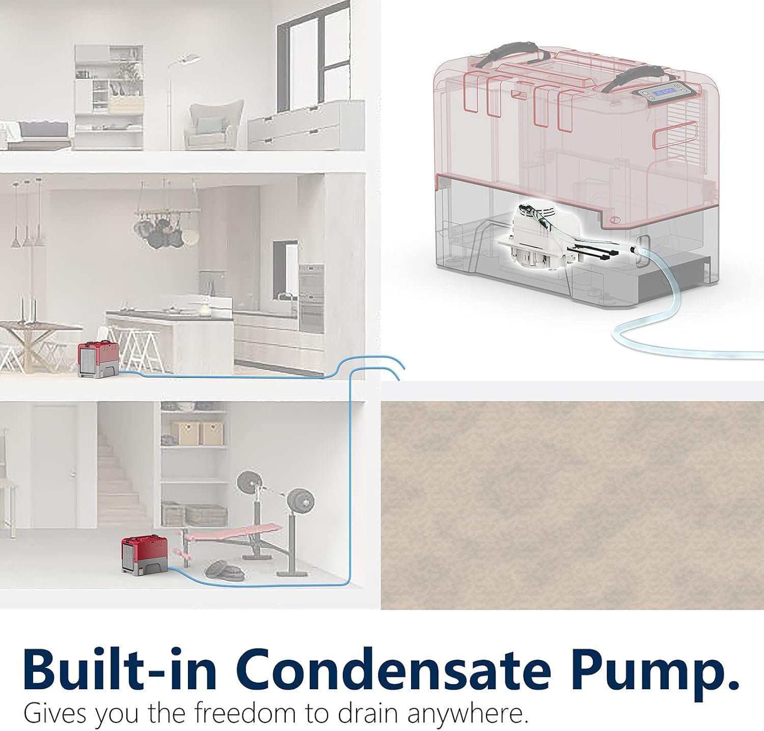 AlorAir Storm LGR Extreme commercial dehumidifier - integrated condensate pump and drain hose detail