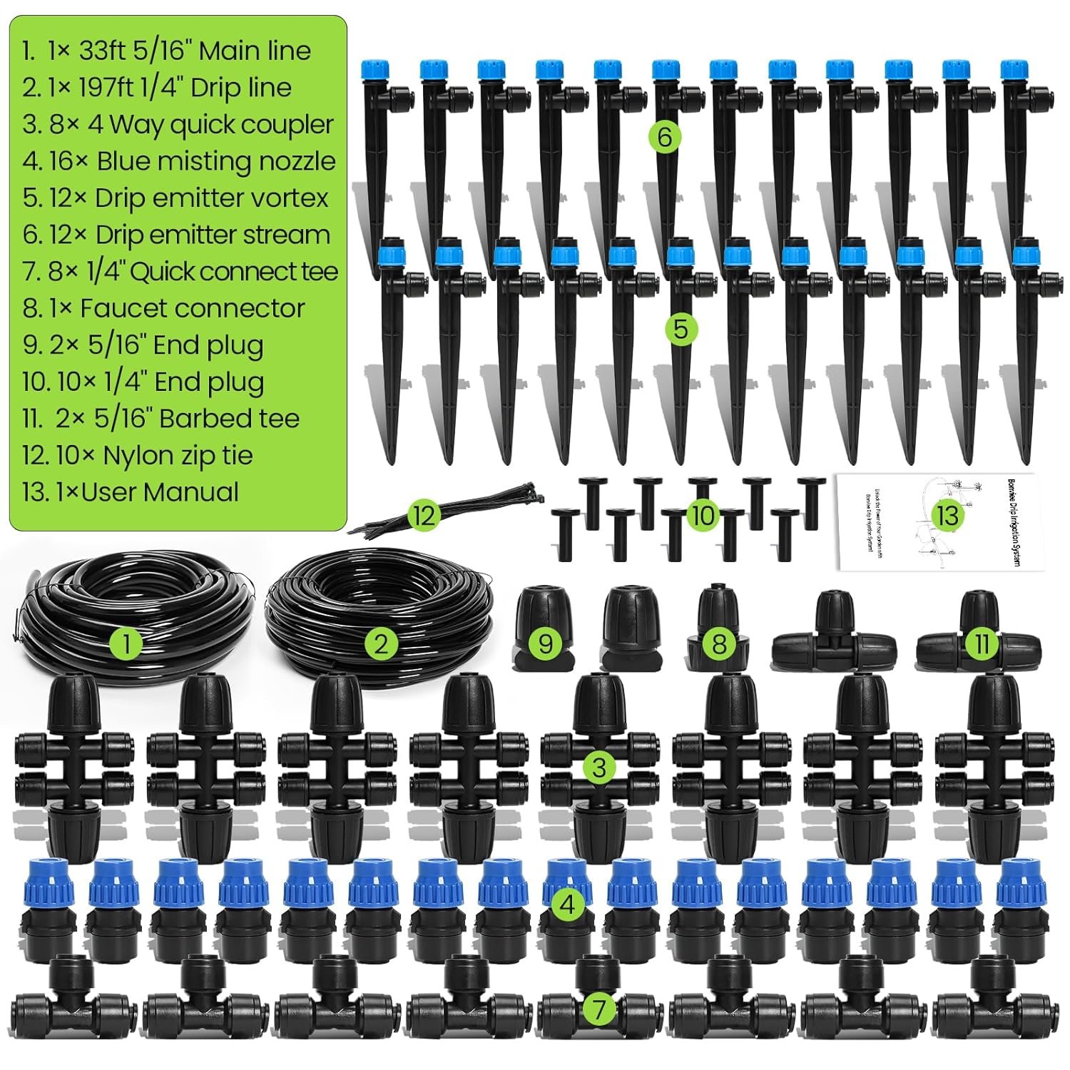 Bonviee drip irrigation kit watering a row of raised garden bed plants