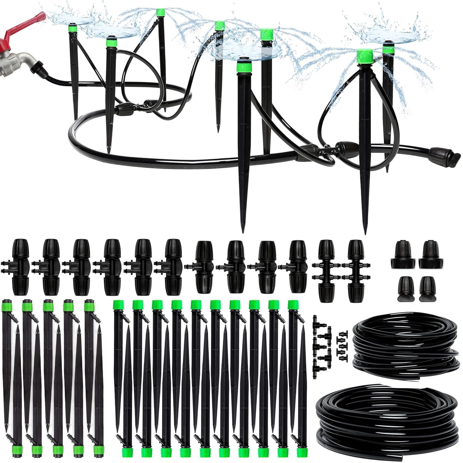 Carpathen drip irrigation system kit full contents laid out for raised garden beds