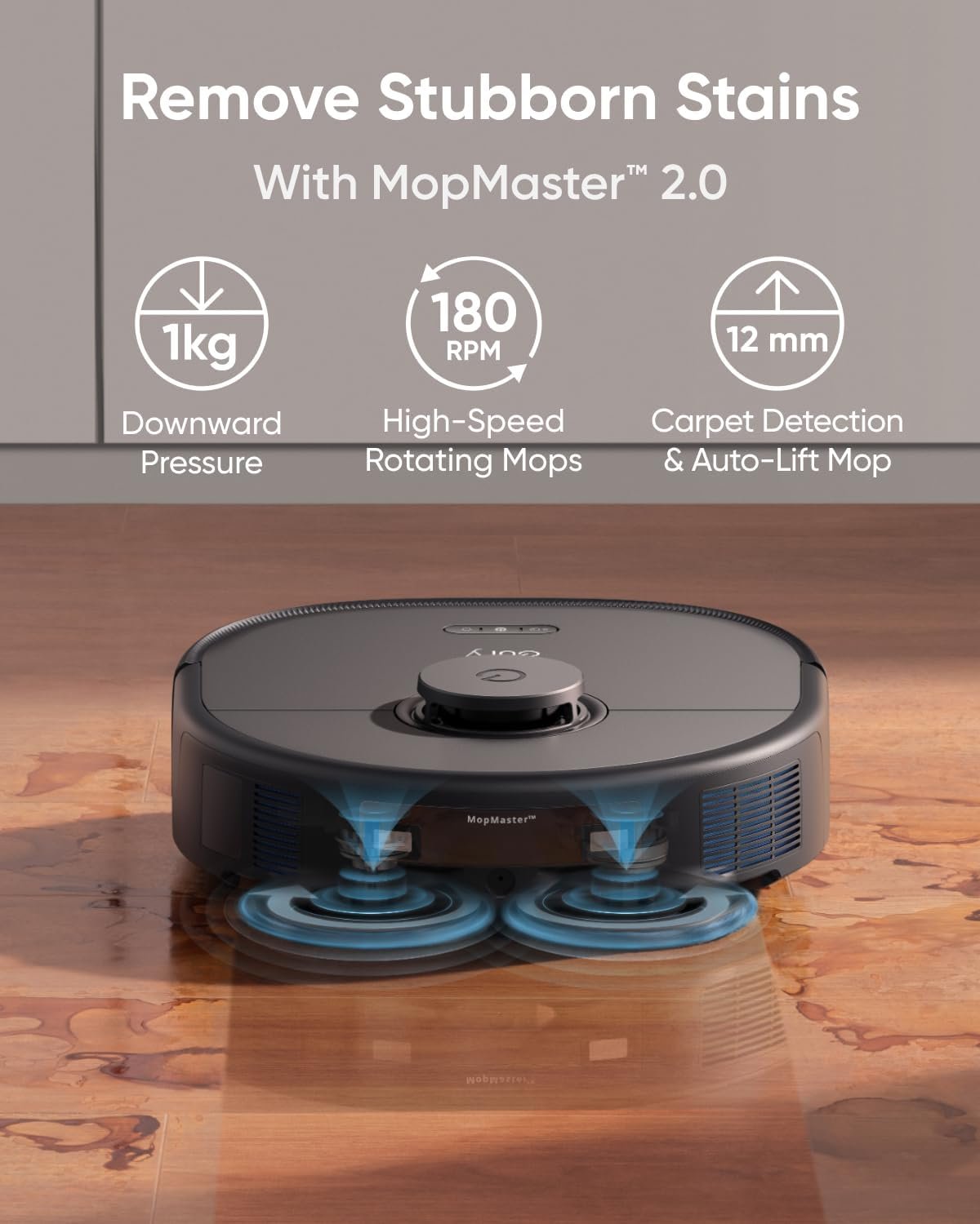 eufy X10 Pro Omni Review (2026) 2 eufy X10 Pro Omni - dual spinning mop pads on hardwood floor during test run