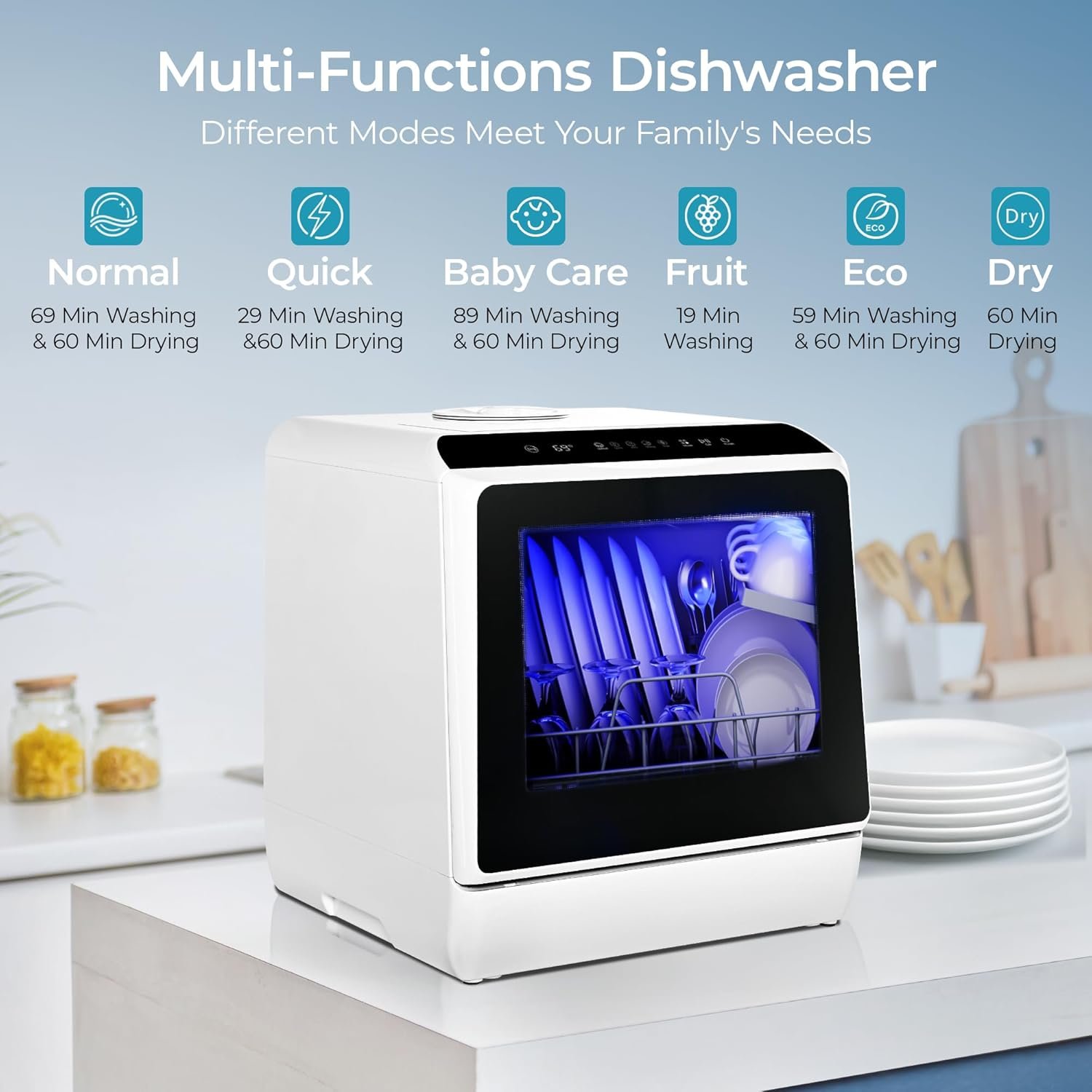 EUHOMY Countertop Dishwasher Review (2026) 1 EUHOMY B0CVX5GBY5 countertop dishwasher - interior rack loaded with 4 place settings