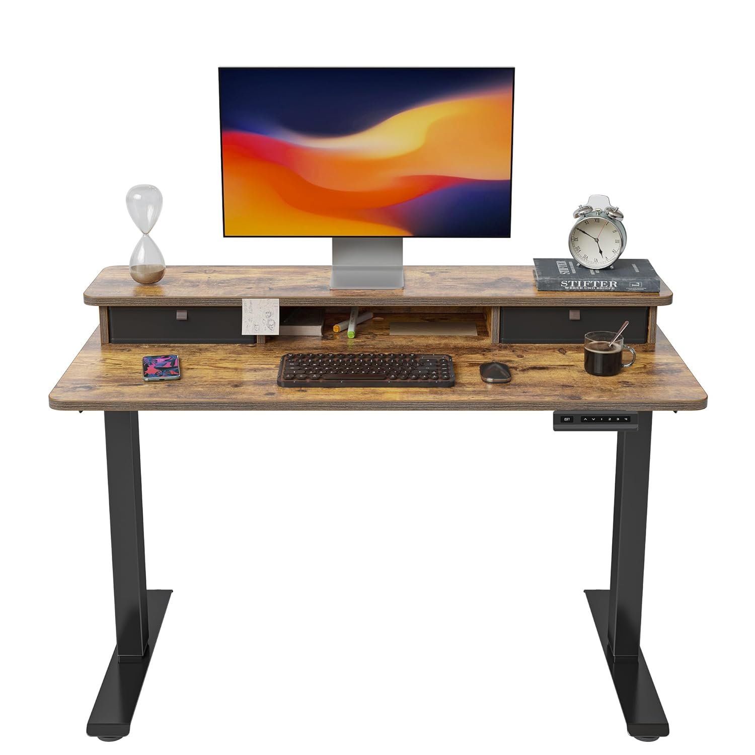 FEZIBO 40x24 compact electric standing desk with double drawer in a small room