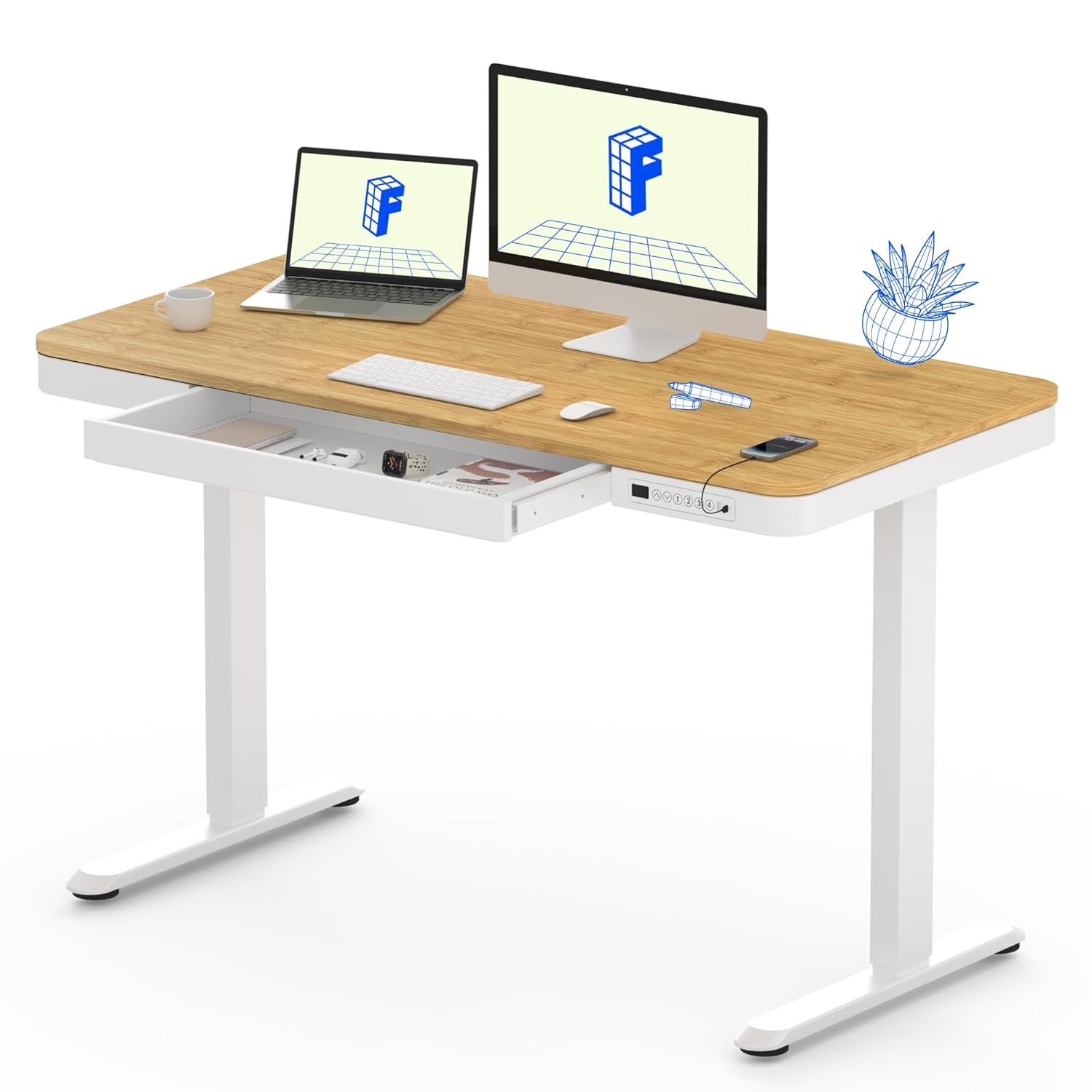 FlexiSpot Comhar EW8 48-inch electric standing desk with built-in drawer at sitting height