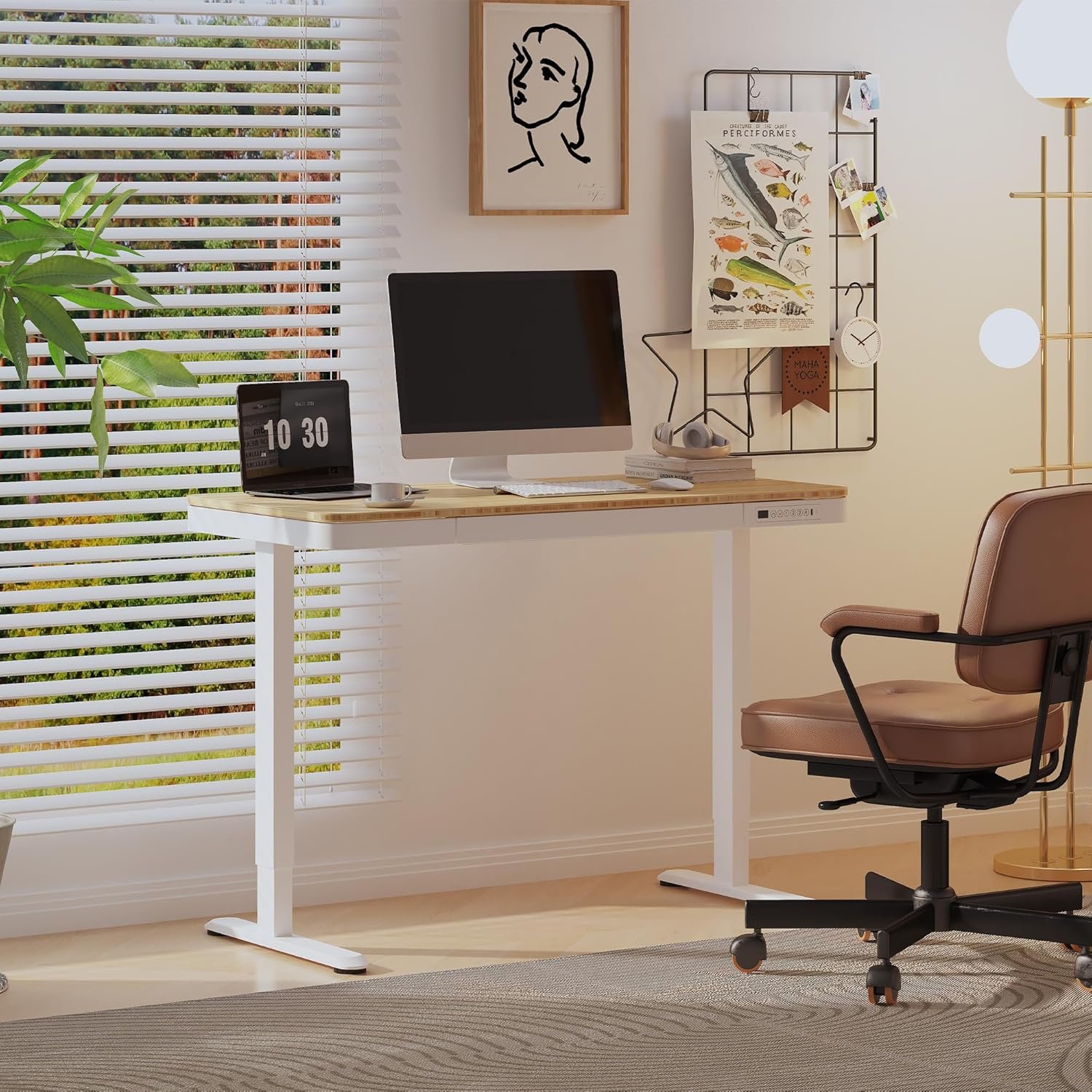 FlexiSpot Comhar EW8 standing desk raised to standing height in a home office