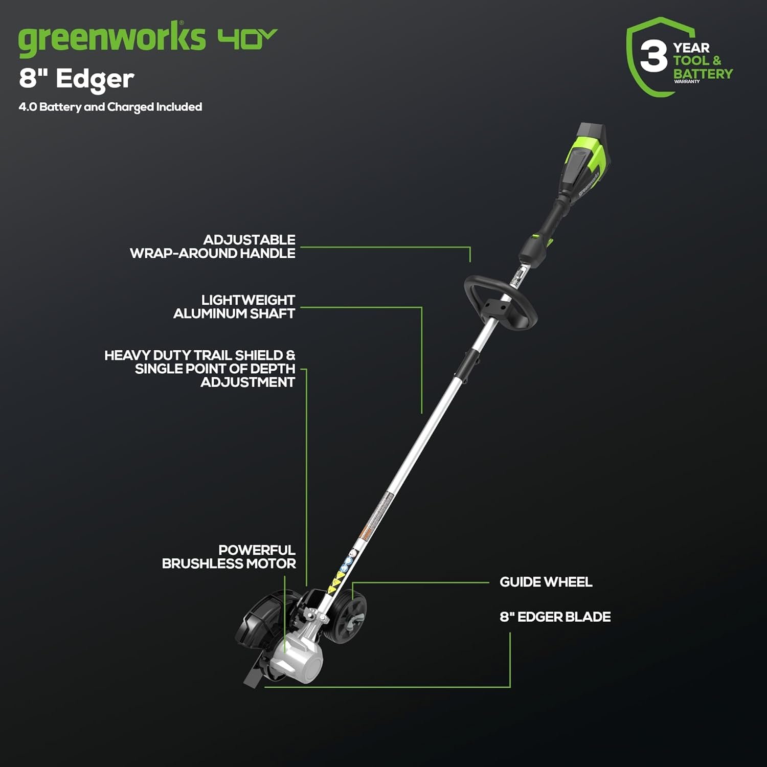 Greenworks 40V edger side view showing blade and guide wheel