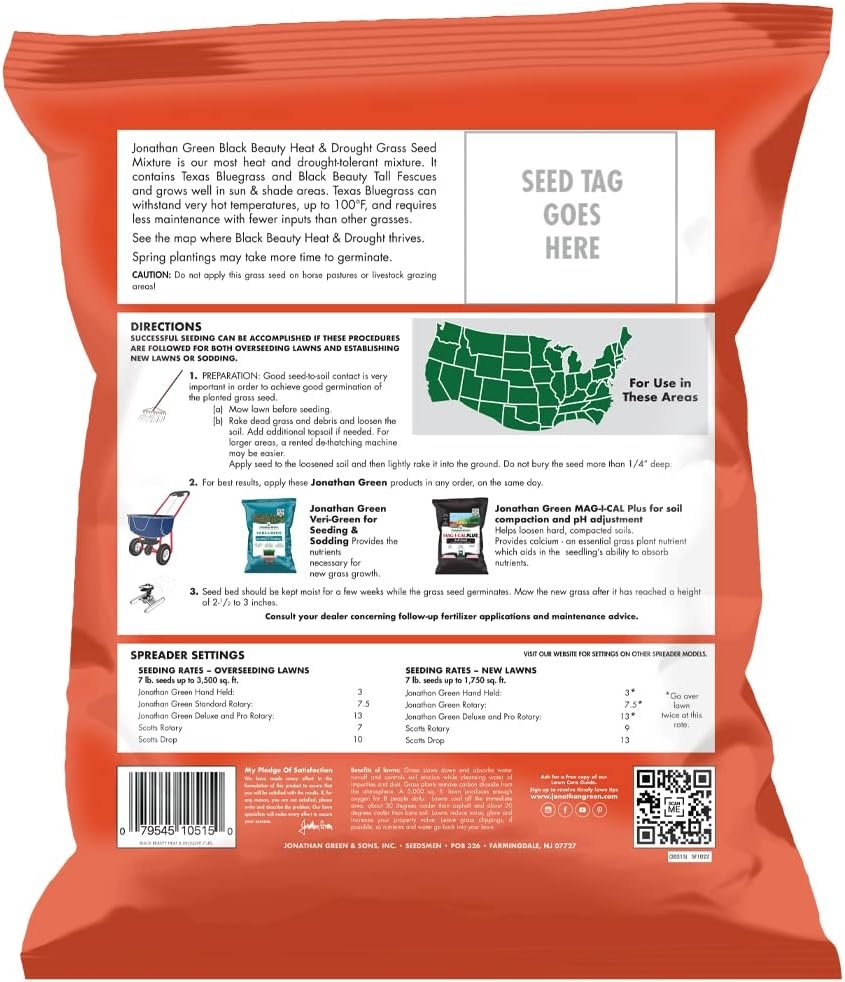 Jonathan Green Black Beauty Heat and Drought tall fescue grass seed - back of bag (label and coverage details)