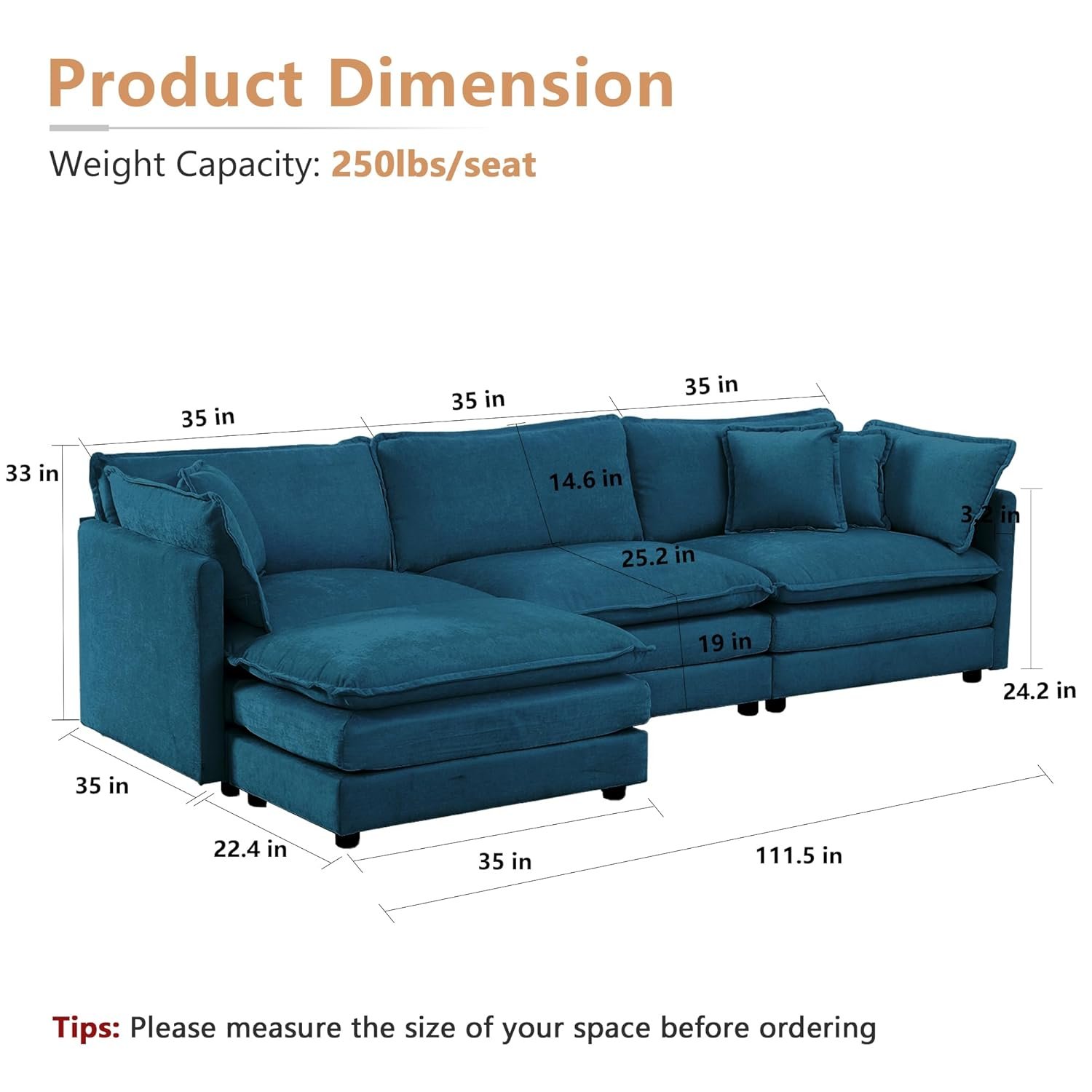 mikibama 111.5" L-Shaped Sectional cloud couch dupe - modular section angle and depth detail