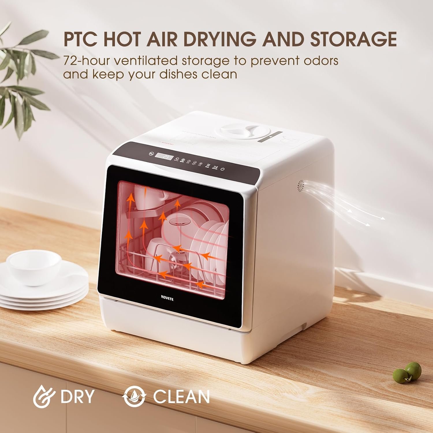 NOVETE countertop dishwasher with kitchenware