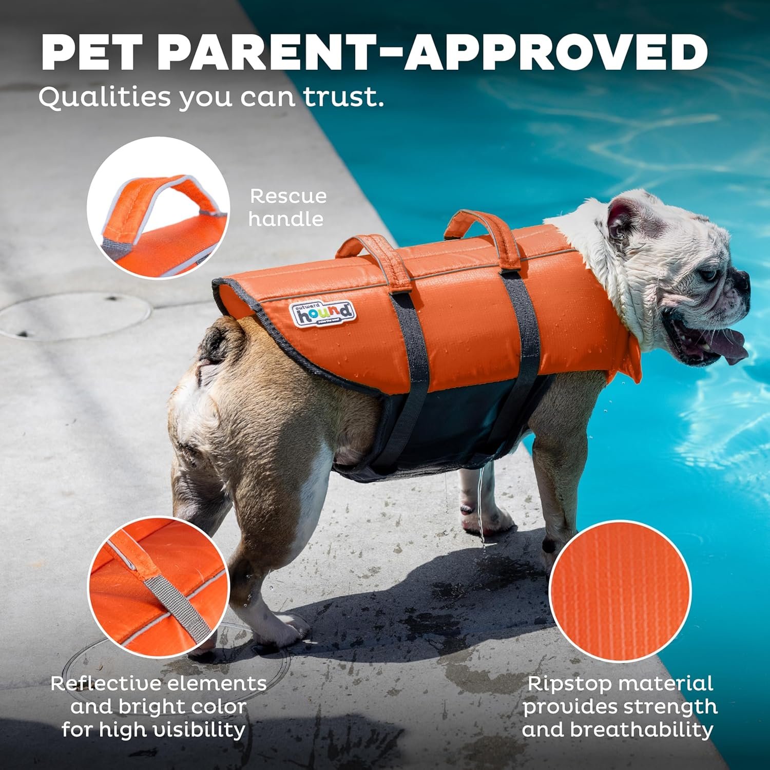Outward Hound Granby Splash dog life jacket - top-down view with straps