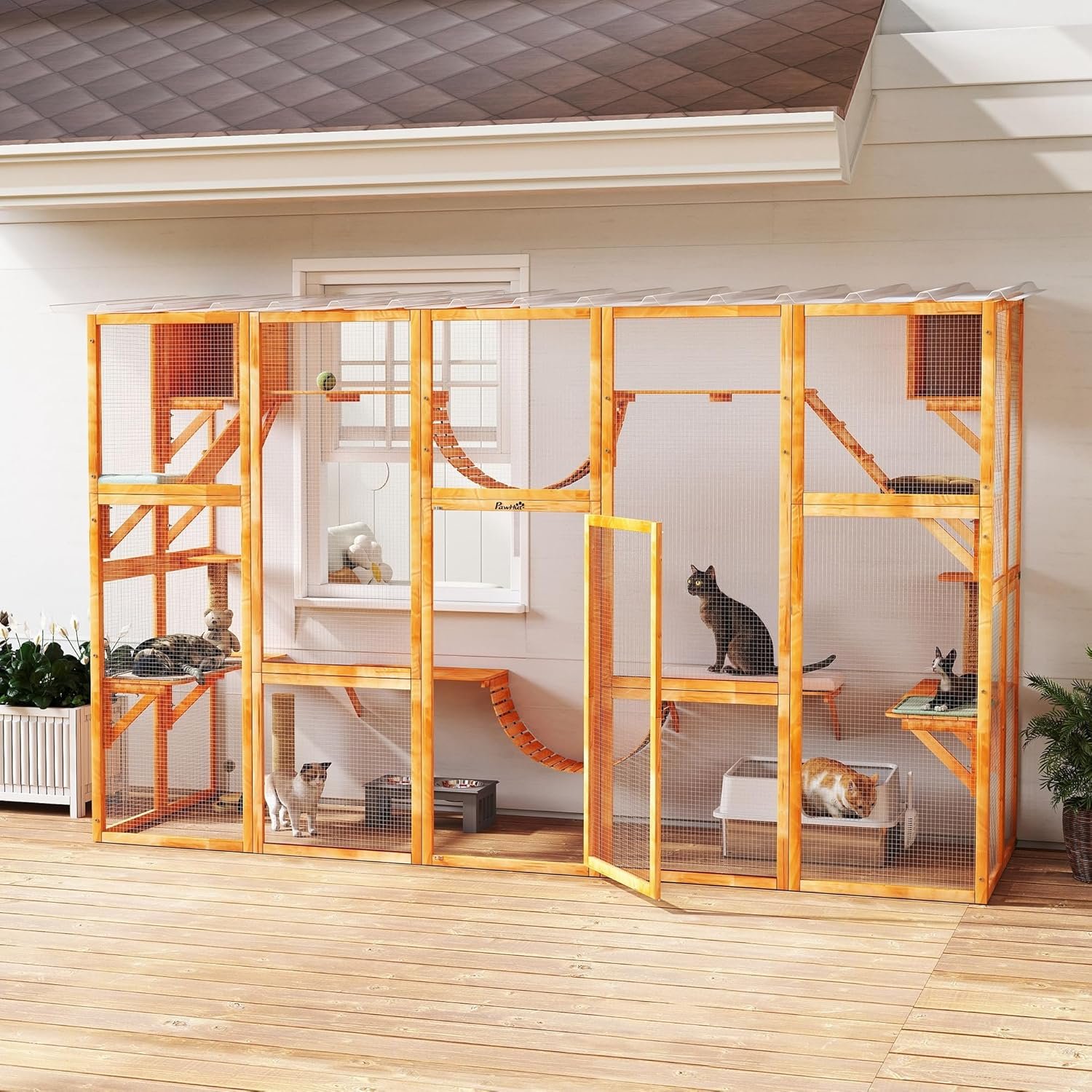 PawHut Window-Box Catio - multi-cat catio with platforms and shelves