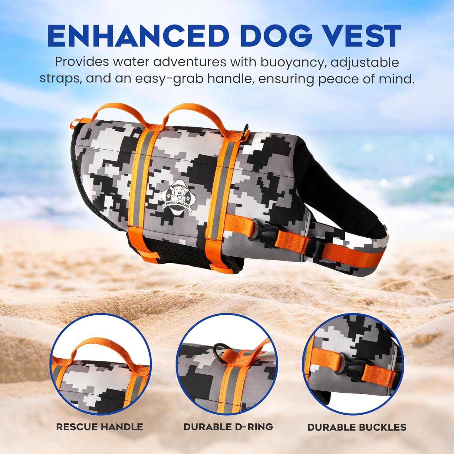 Paws Aboard Dog Life Jacket Review (2026): Best for Large Dogs 3 Paws Aboard Dog Life Jacket - back view showing D-ring and grab handle
