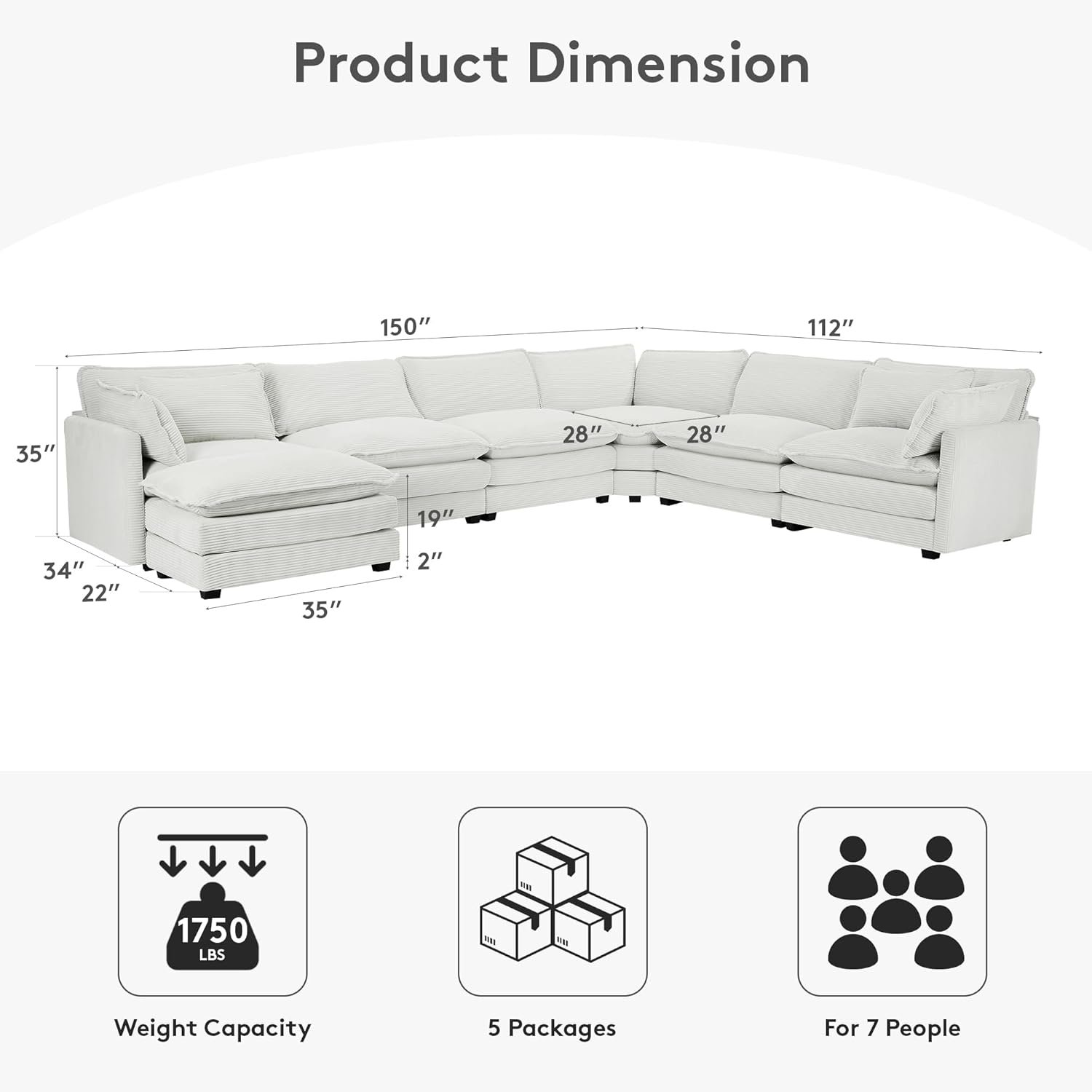 ROWHY 150" Modular Sectional cloud couch dupe - modular section angle and depth detail
