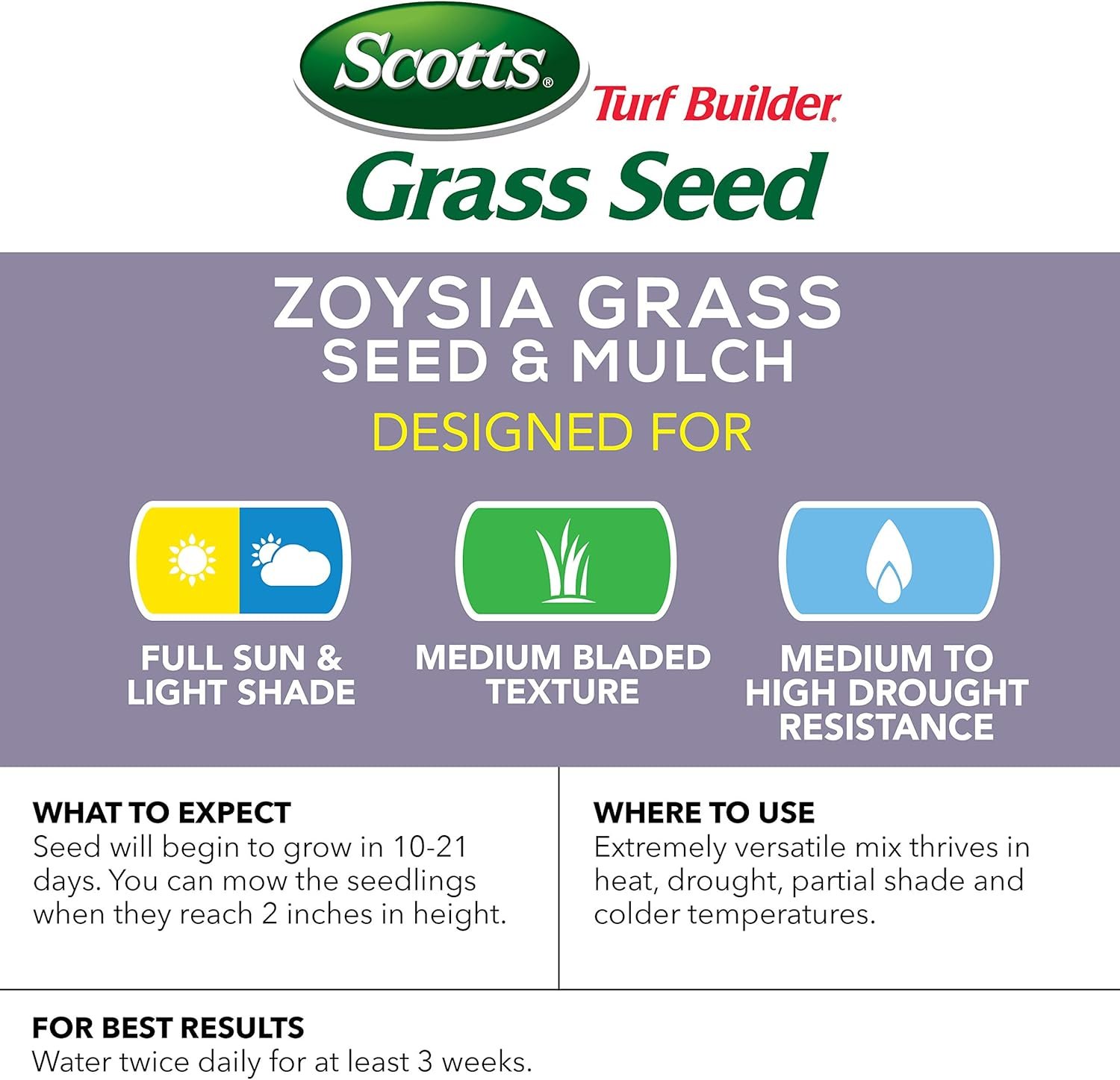 Scotts Turf Builder Zoysia grass seed and mulch drought-tolerant warm-season lawn - back of bag (label and coverage details)