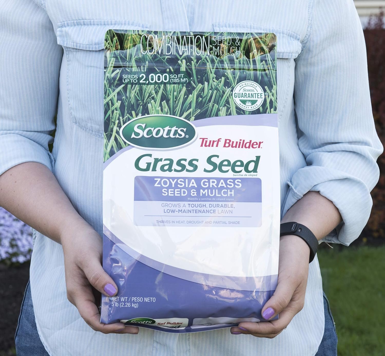 Scotts Turf Builder Zoysia grass seed and mulch drought-tolerant warm-season lawn - spreading on lawn (application shot)