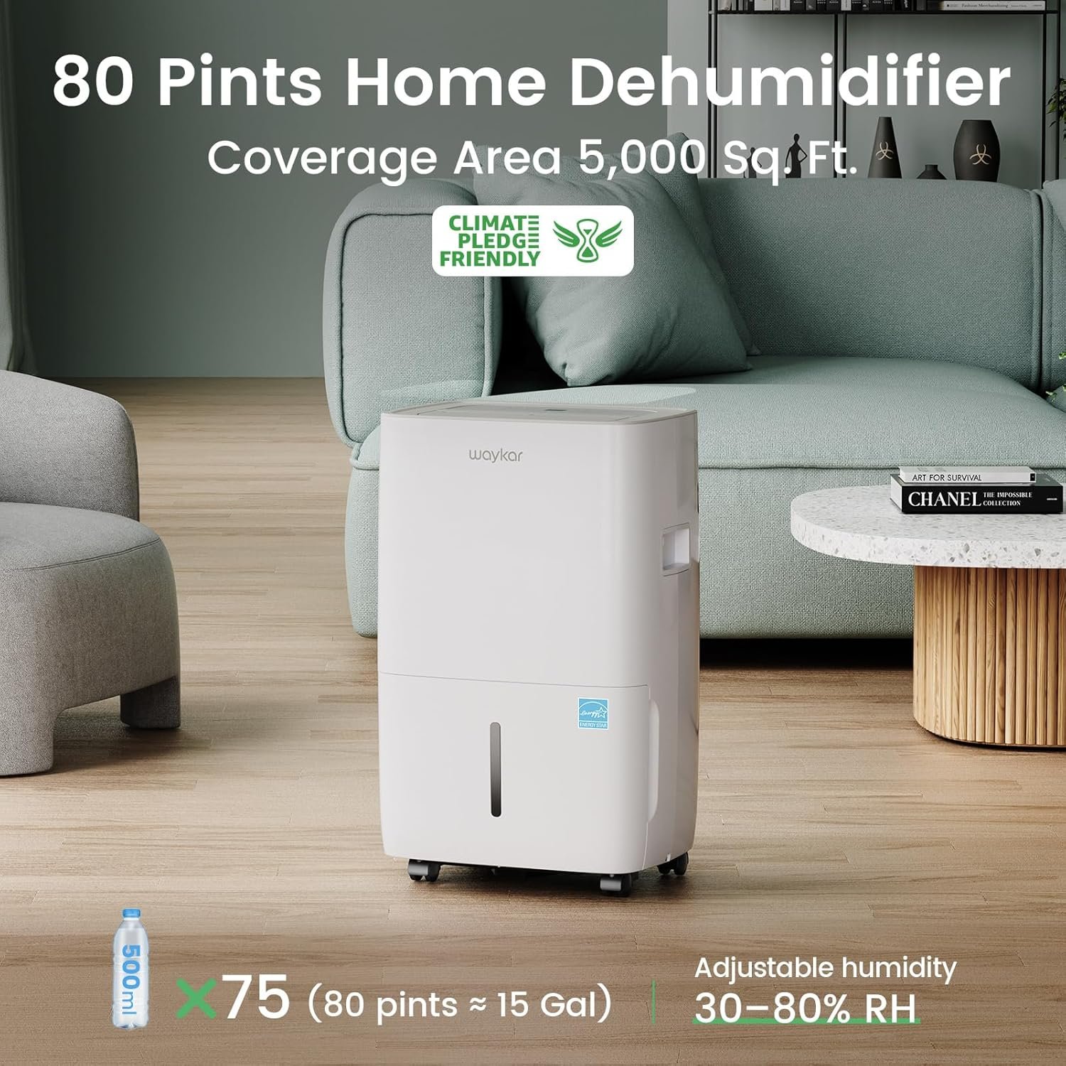 Waykar JD025E-80 80-pint dehumidifier - angled view showing wheels and side handles for portability