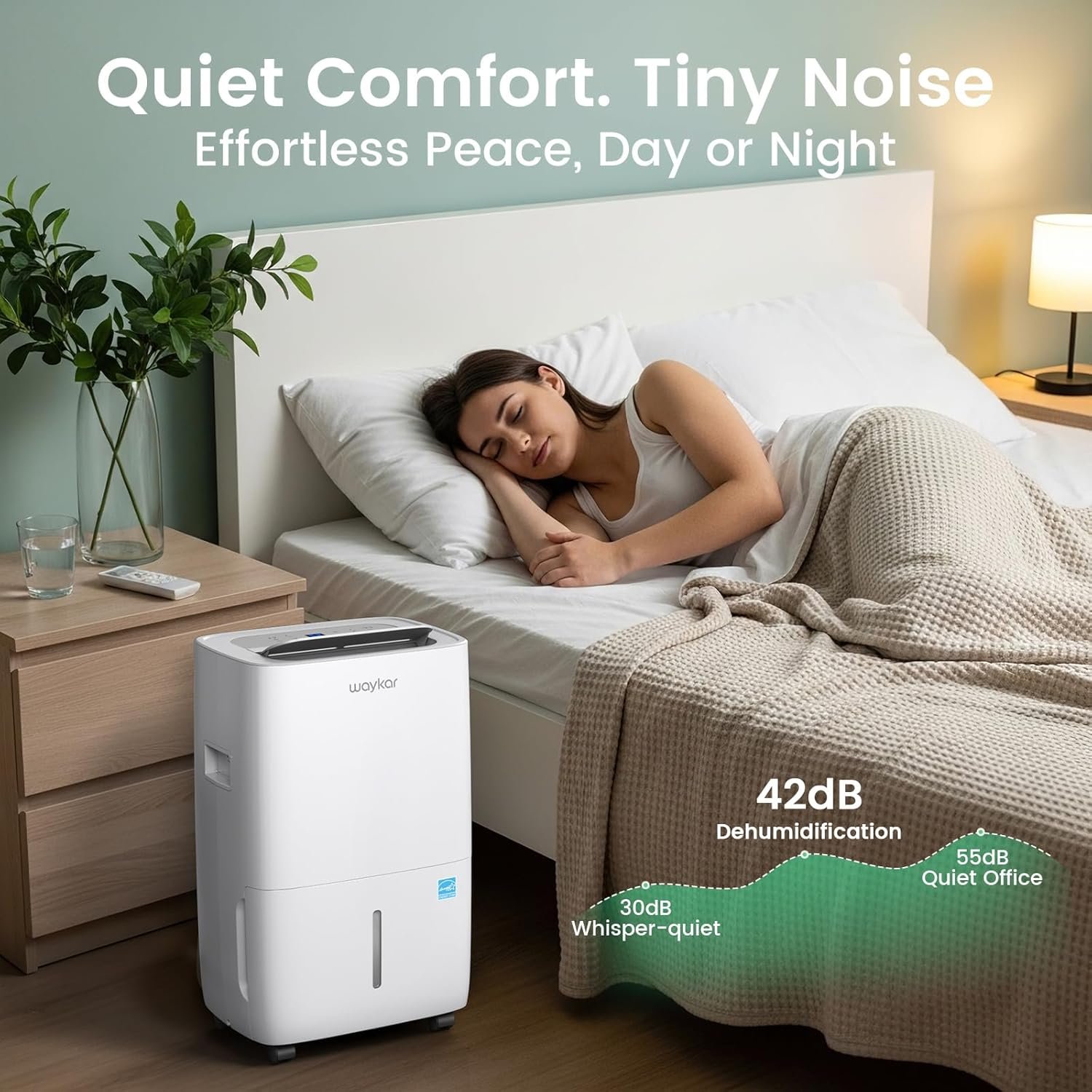 Waykar JD025E-80 80-pint dehumidifier - water tank removed with 1.18 gallon capacity visible