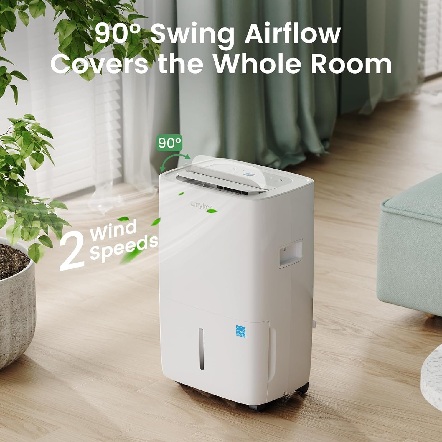 Waykar JD025E-80 80-pint dehumidifier - gravity drain hose attached at rear outlet