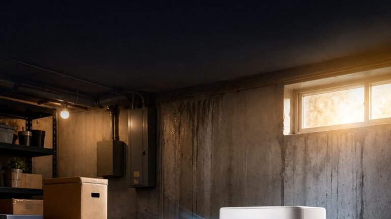 Basement dehumidifier running in a damp basement for the 2026 basement dehumidifier trend guide