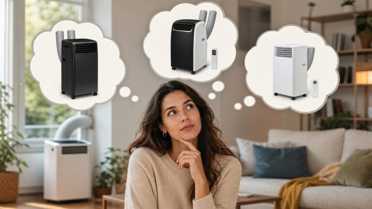 Woman thinking about the best portable air conditioner 2026 with three portable AC options
