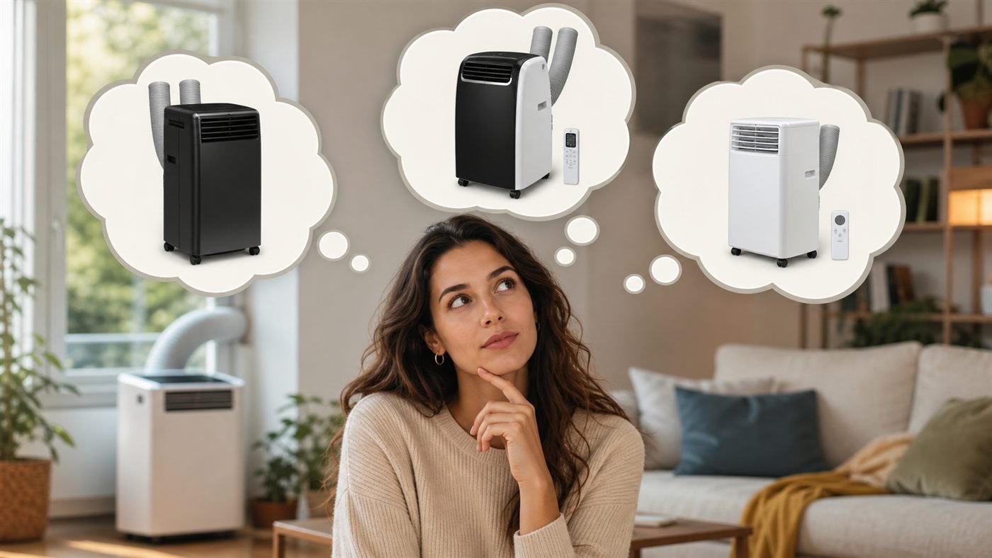 Best Portable Air Conditioner 2026: Midea vs Whynter vs BLACK+DECKER 1 Woman thinking about the best portable air conditioner 2026 with three portable AC options