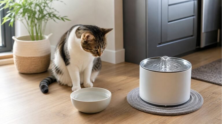 Cat avoiding still water bowl beside flowing fountain