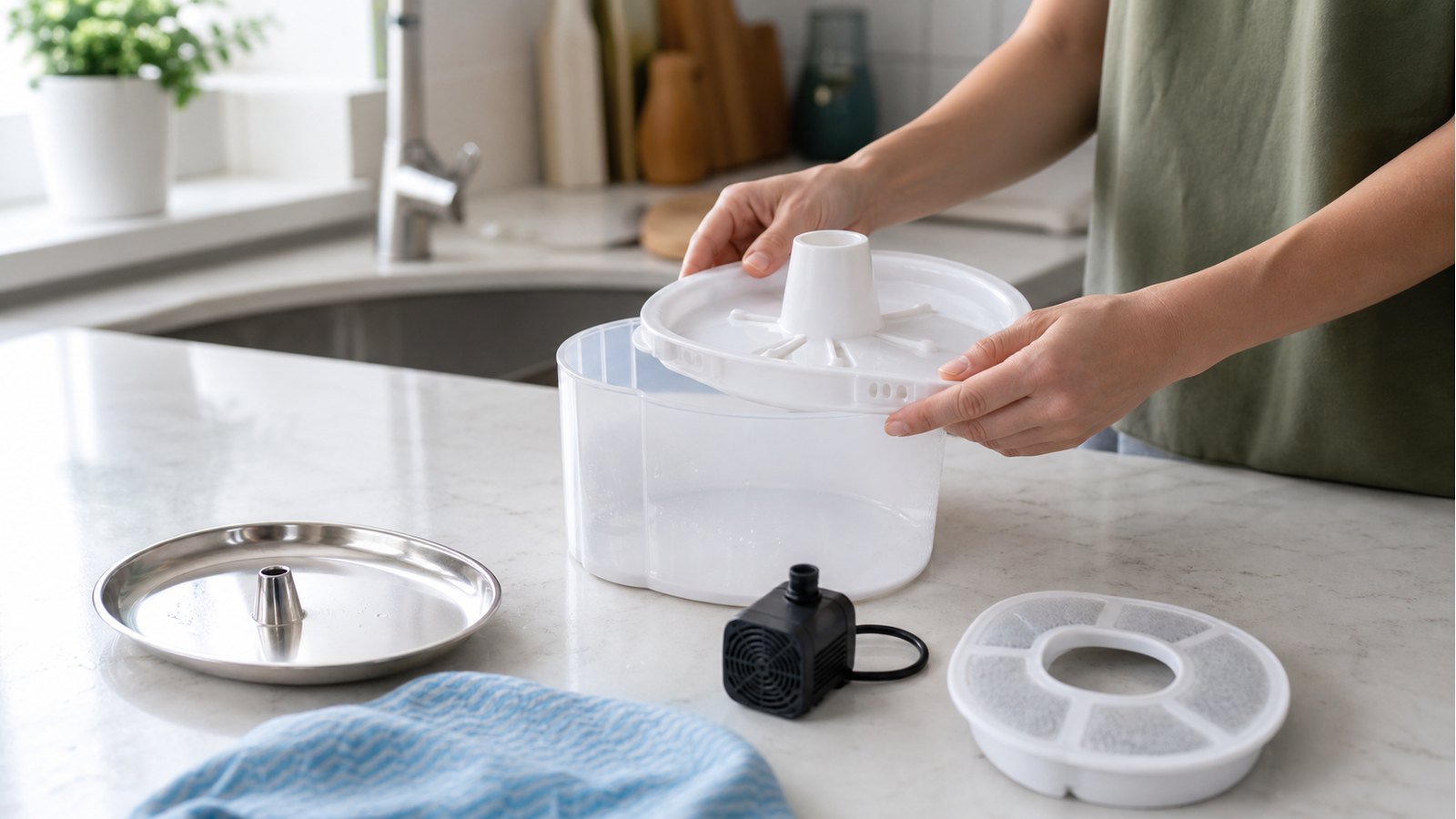 Cat Water Fountain Cleaning Schedule: 2026 Maintenance Guide 2 Cat water fountain cleaning parts and filter maintenance setup