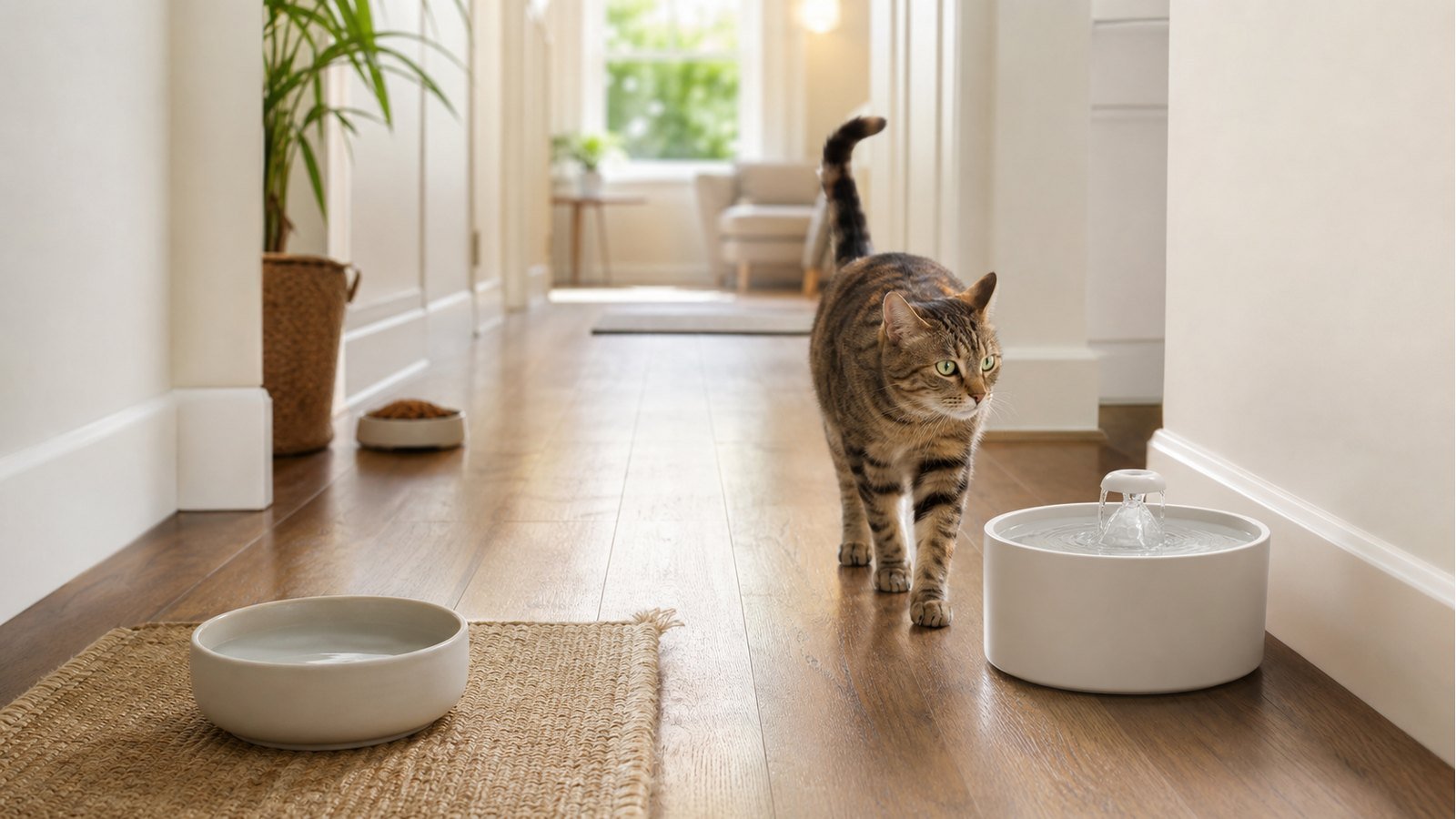Cat approaching water fountain placed away from food bowl