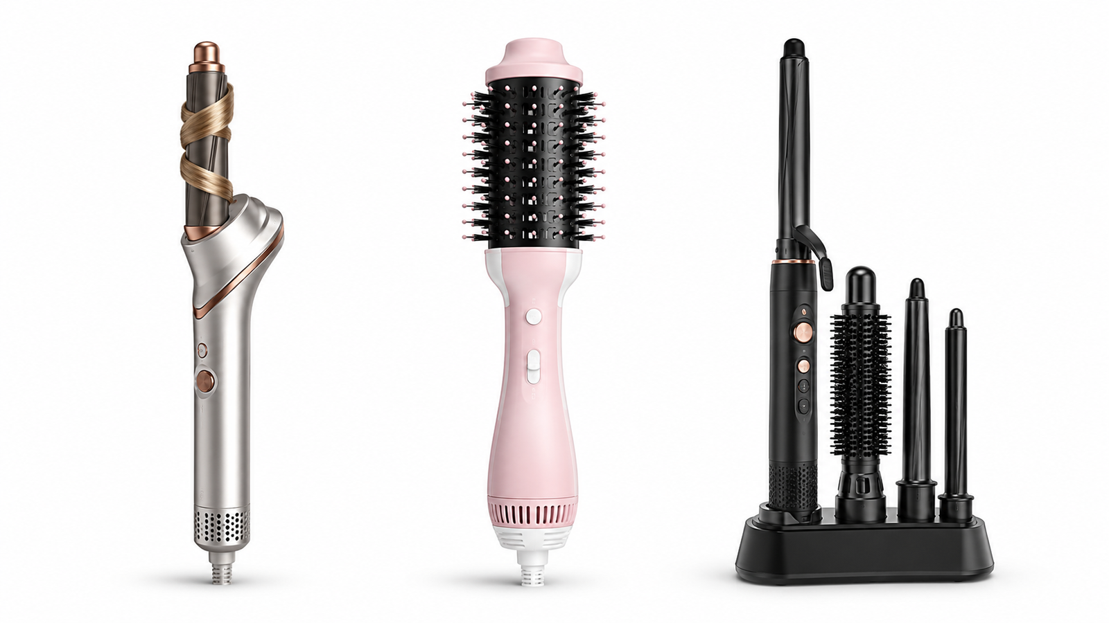 Studio comparison photo of three Dyson Airwrap dupes side by side - Shark FlexStyle, Revlon One-Step, Wavytalk
