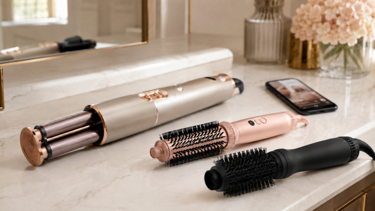 Why Dyson Airwrap Dupes Took Over Beauty TikTok in 2026: Inside the $499 Sticker-Shock Surge 6 Three hair styling tools on a marble bathroom vanity - editorial photo for 2026 Dyson Airwrap dupe trend