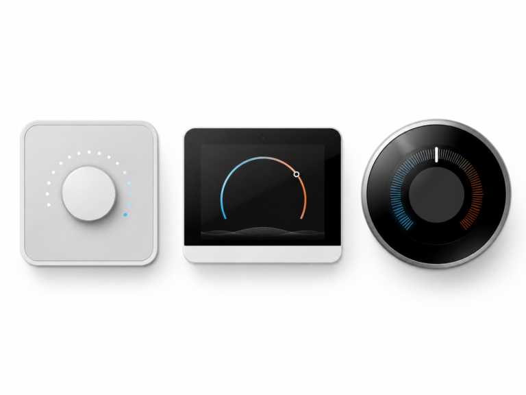 Three modern smart thermostats compared side by side — square touchscreen, rectangular display, and circular knob designs