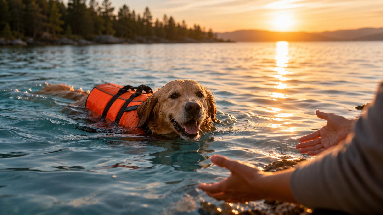 Dog Life Jackets Are Trending for Summer 2026: Here Is Why 1 Dog wearing orange life jacket swimming in lake - dog water safety