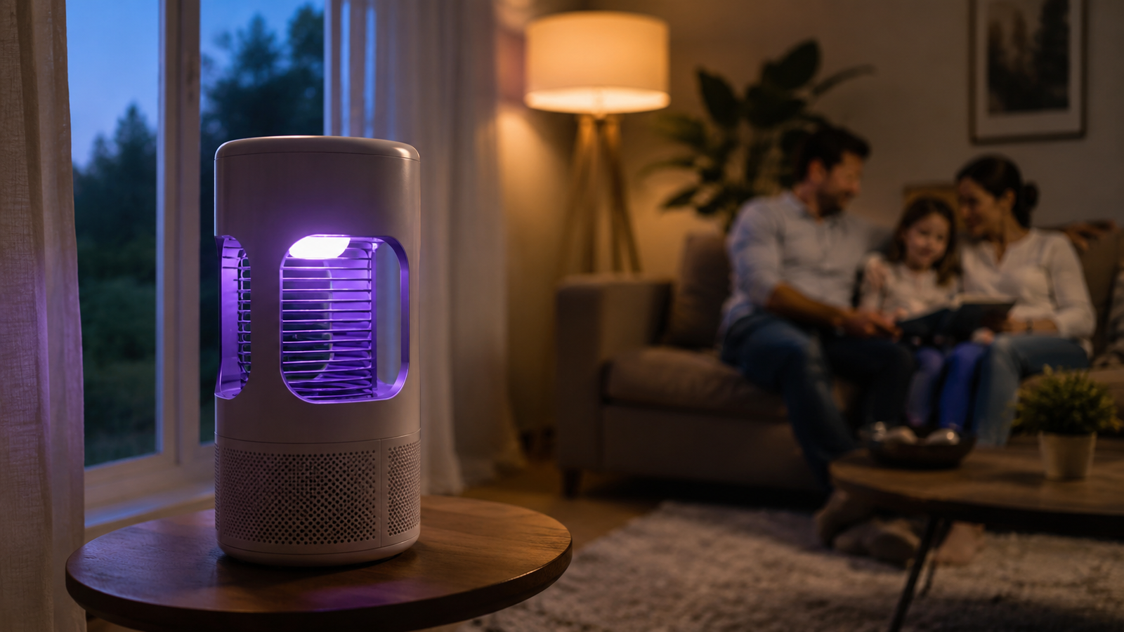 UV mosquito trap with purple glow in a cozy living room - editorial photography