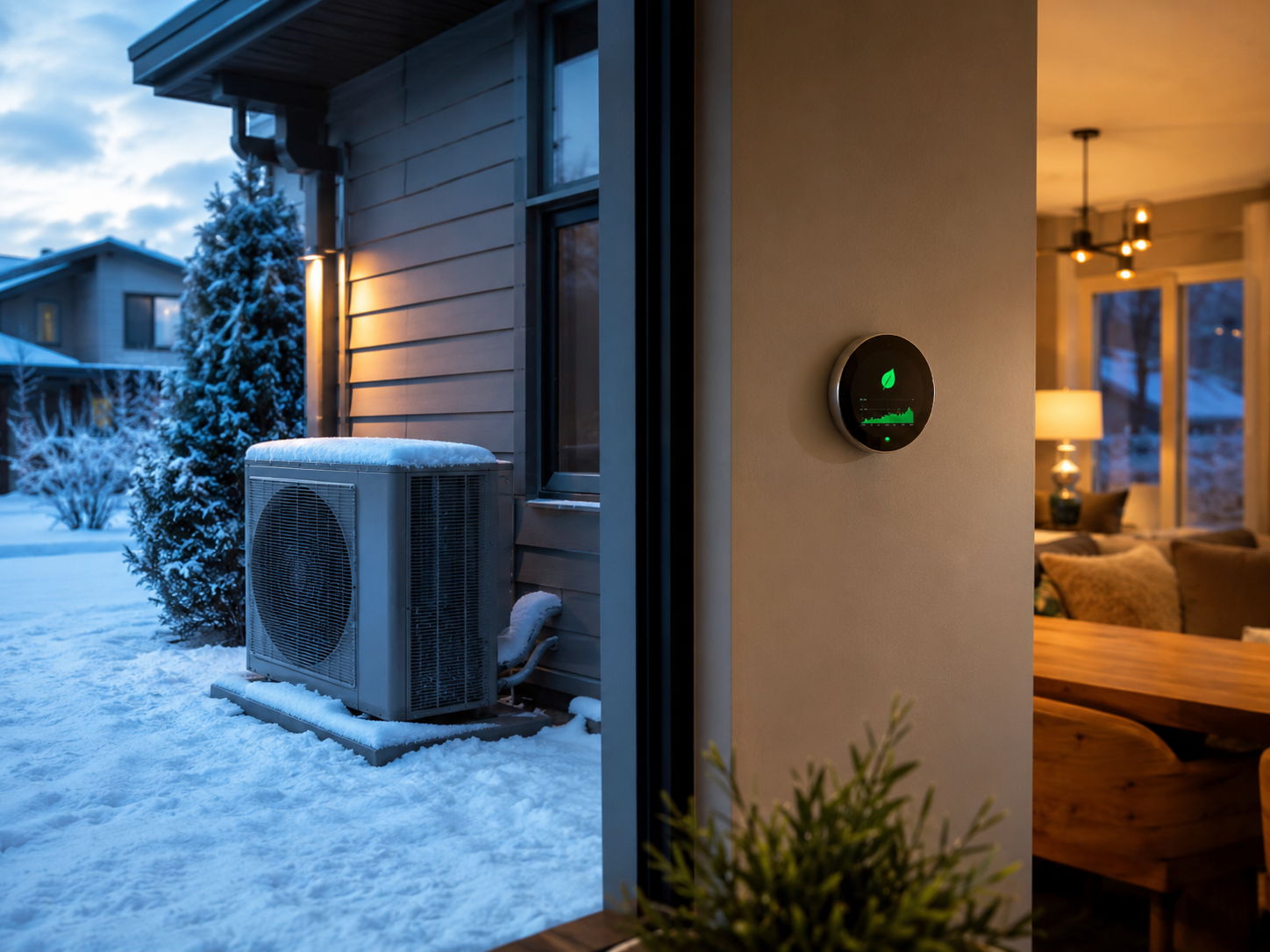 Heat Pump Boom Exposes a Costly Thermostat Blind Spot in 2026 1 American suburban home in winter with heat pump unit outside in snow and smart thermostat showing energy savings