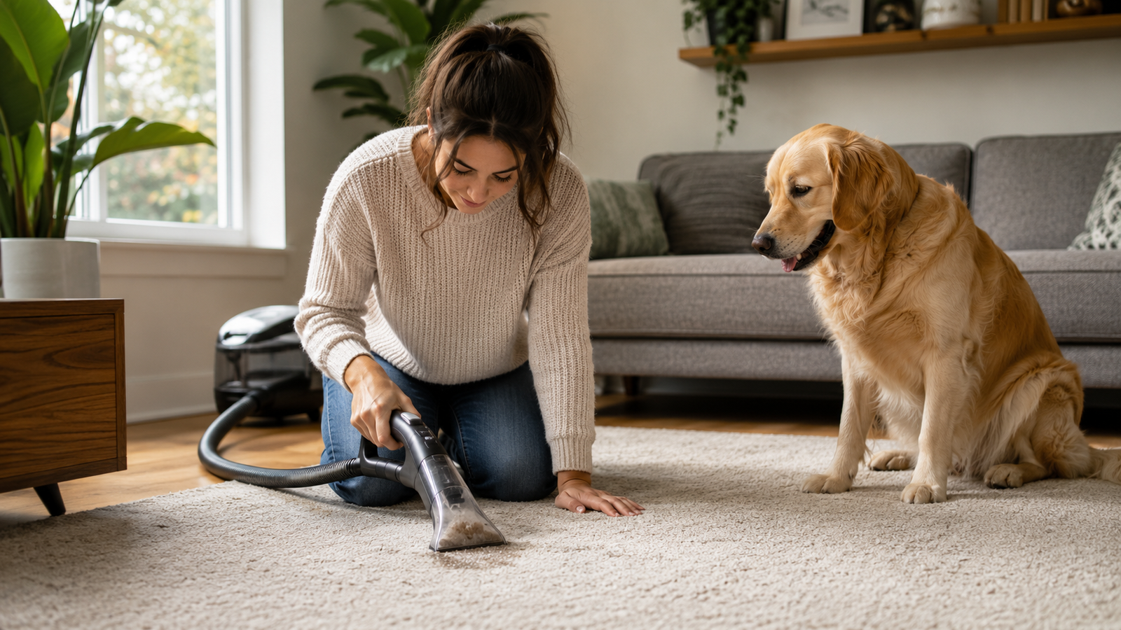 Woman using portable carpet cleaner on rug while golden retriever watches - 2026 pet stain cleaning