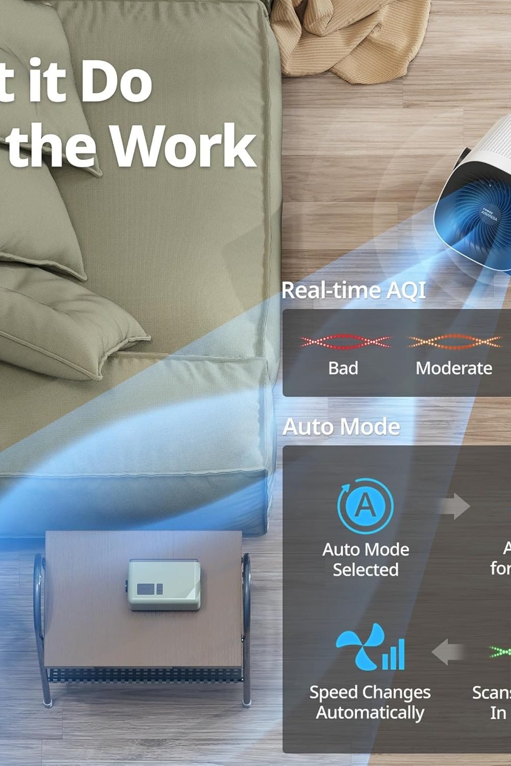 COWAY 2-in-1 Air Purifier with Fan living room placement and dimensions