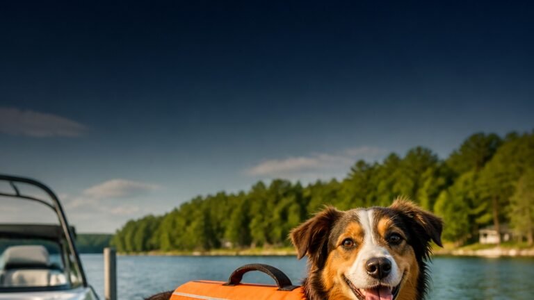 Dog wearing an orange life jacket on a dock near water for the Best Dog Life Jackets 2026 guide