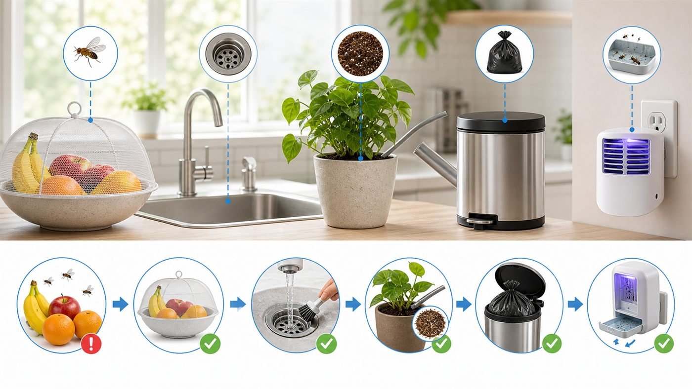 fruit fly and gnat source control guide with covered fruit clean drain dry plant soil sealed trash and sticky cartridge