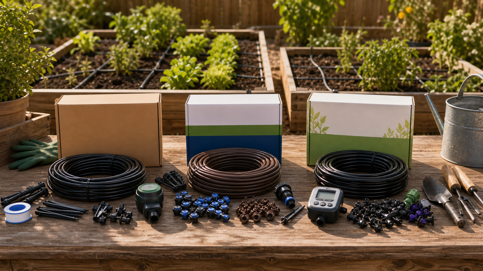 Best Drip Irrigation Kit for Raised Beds 2026: 3 Picks 1 GPT Image 2 hero showing three generic drip irrigation kits for raised beds