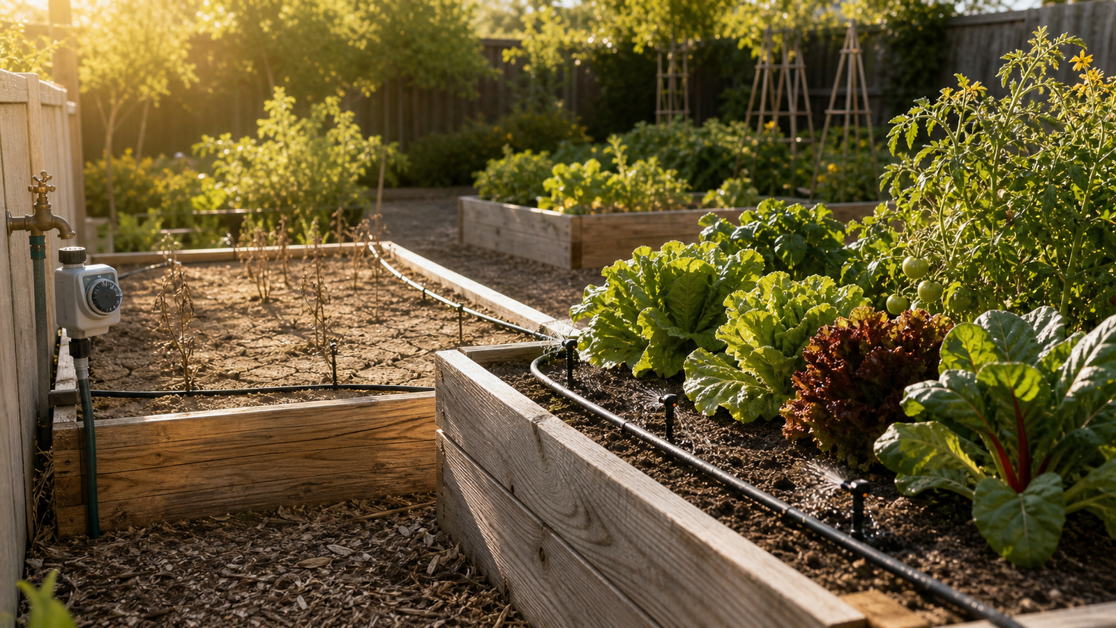 Drip Irrigation for Raised Beds Is the 2026 Garden Trend 1 GPT Image 2 editorial hero showing dry raised beds and a drip irrigation solution