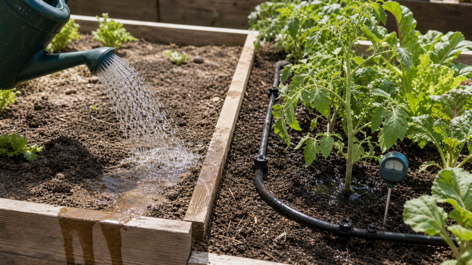 Drip Irrigation for Raised Beds Is the 2026 Garden Trend 2 Hand watering waste compared with drip irrigation in a raised bed